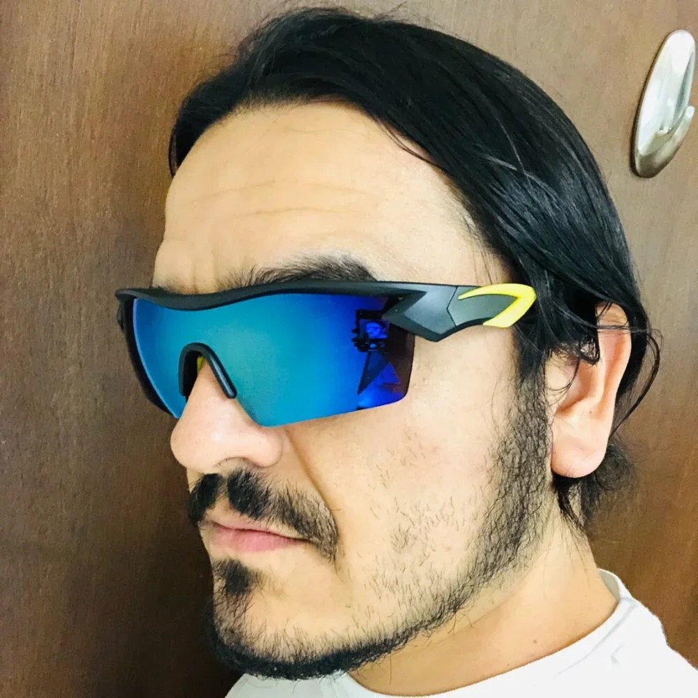 Men Sunglasses Blue Mirror Lens Wrap Around Driving Running Rimless Lentes Gafas